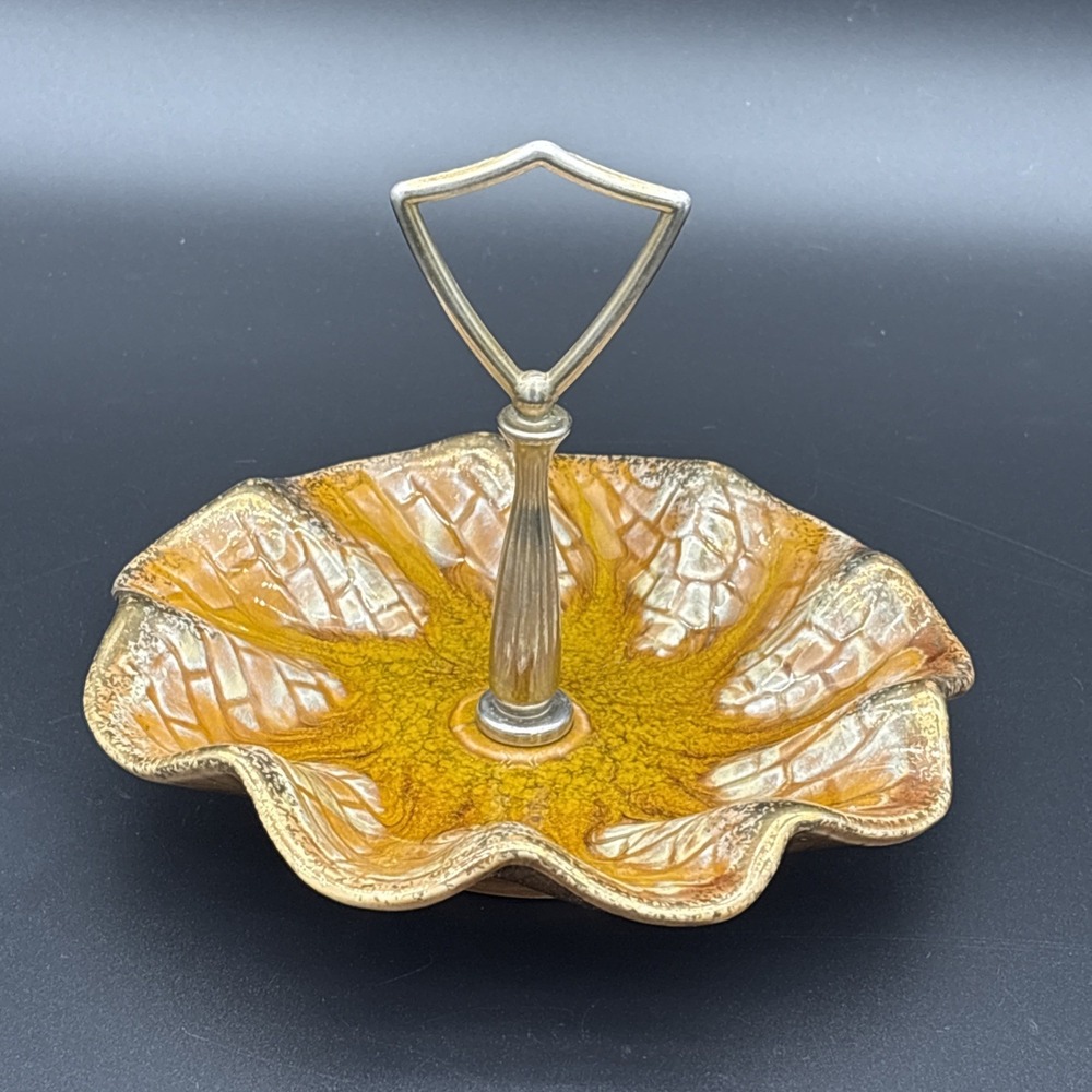 Vintage 1970s Cal Style USA Pottery Tidbit Tray #276 Mustard Gold Crackle Glaze